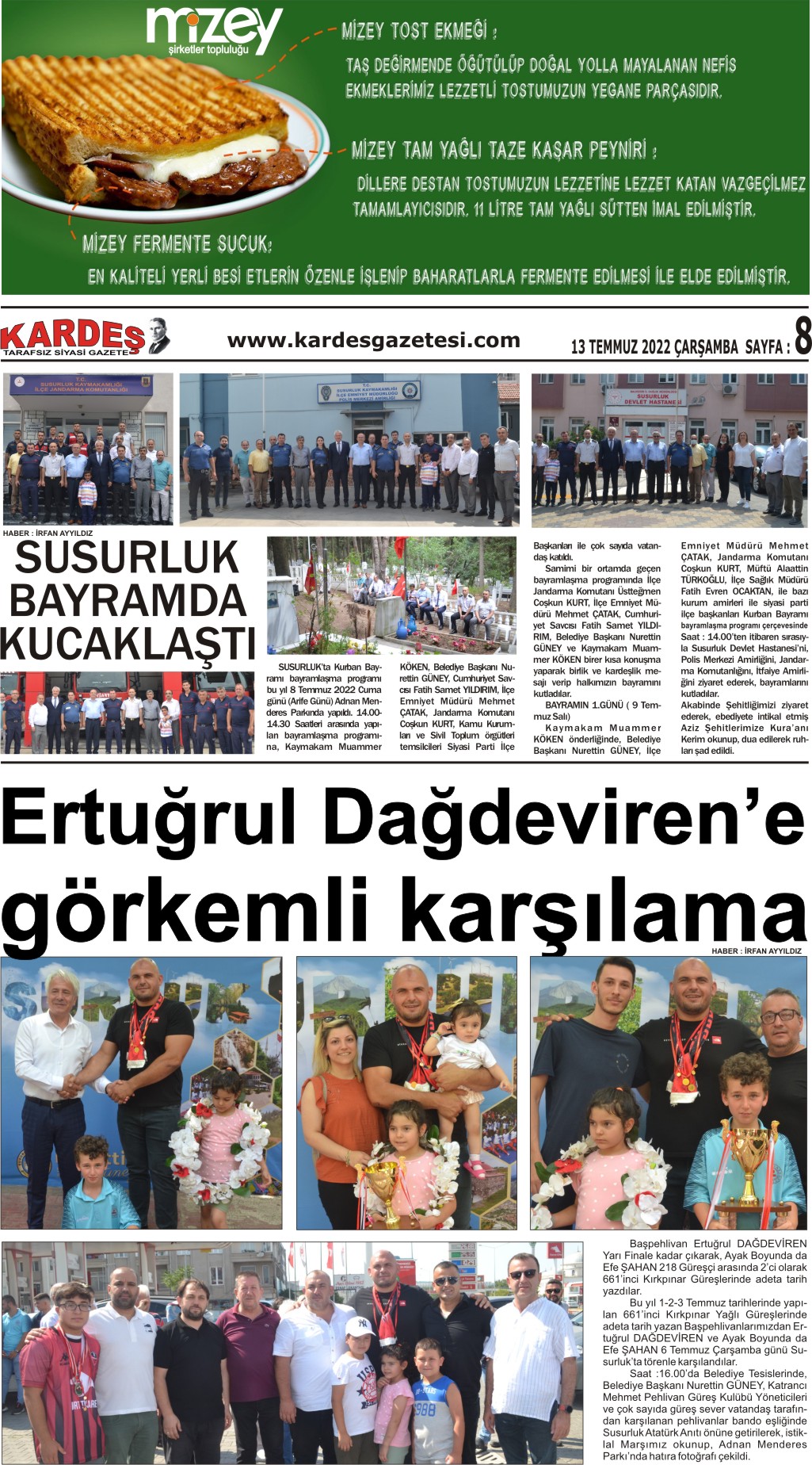 13.07.2022 Tarihli Kardeş Gazetesi Sayfa 8