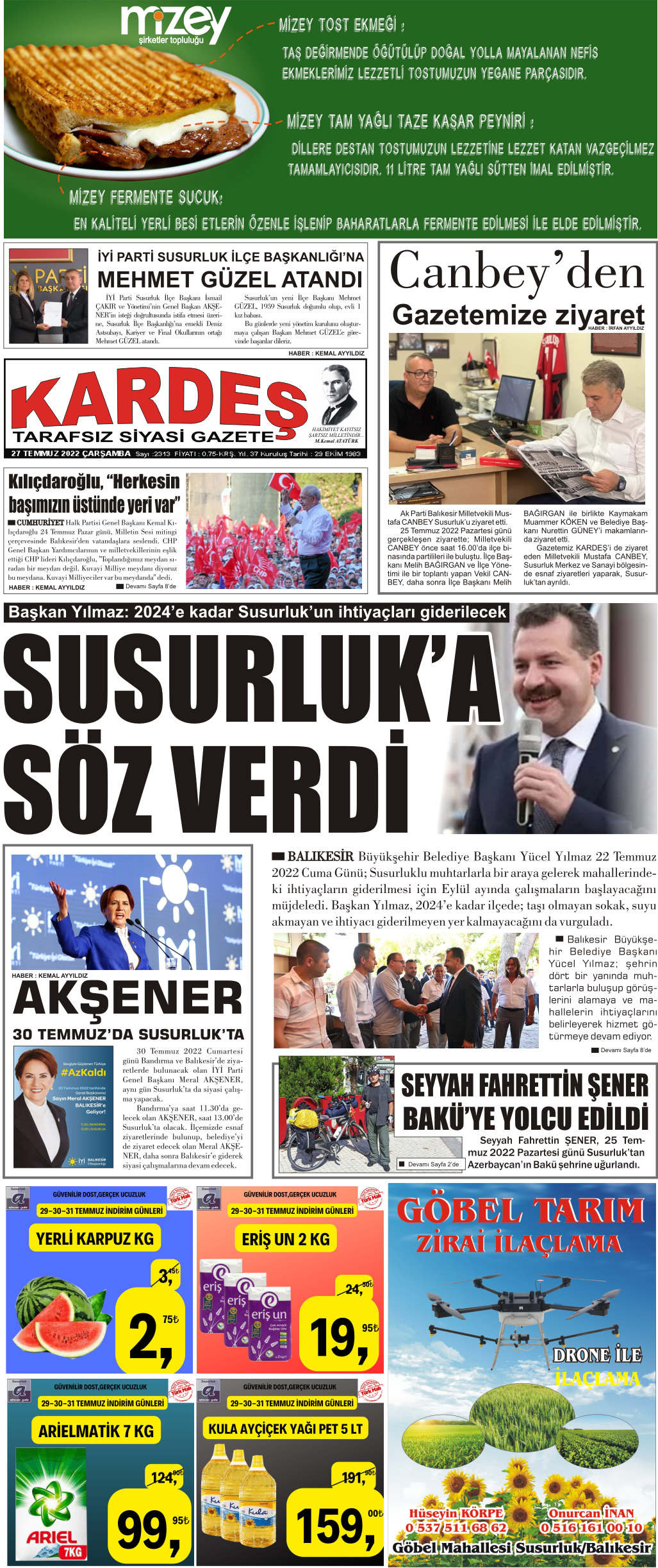 27.07.2022 Tarihli Kardeş Gazetesi Sayfa 1