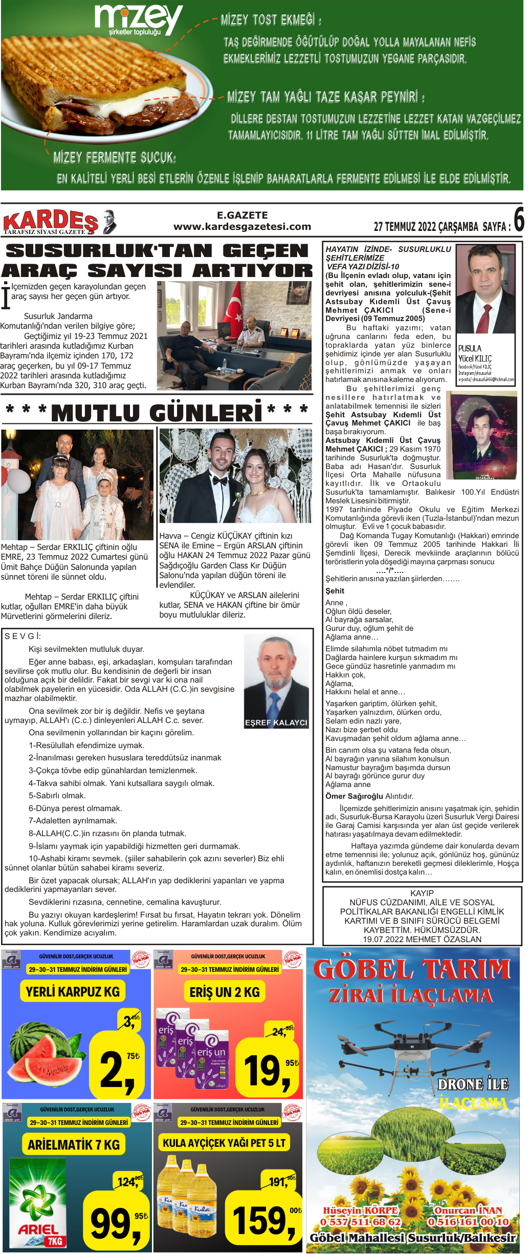 27.07.2022 Tarihli Kardeş Gazetesi Sayfa 6