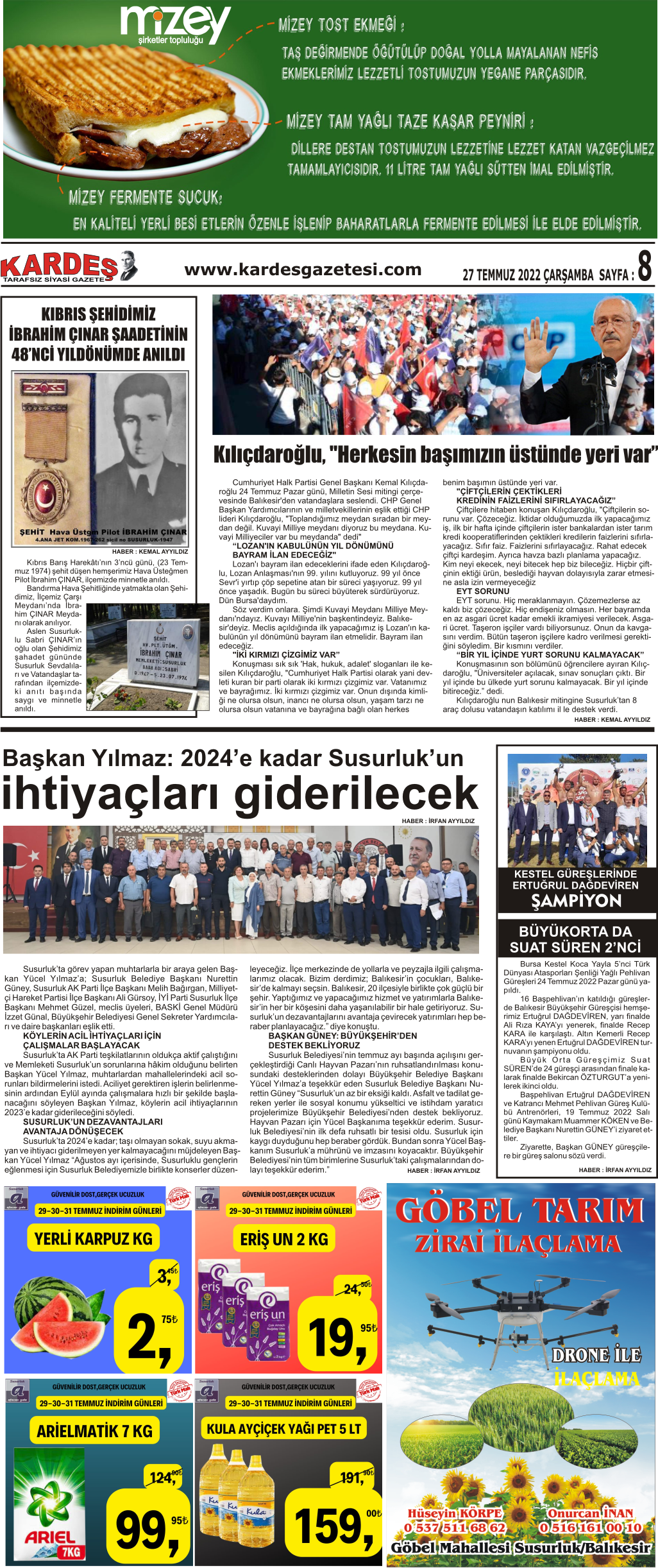27.07.2022 Tarihli Kardeş Gazetesi Sayfa 8