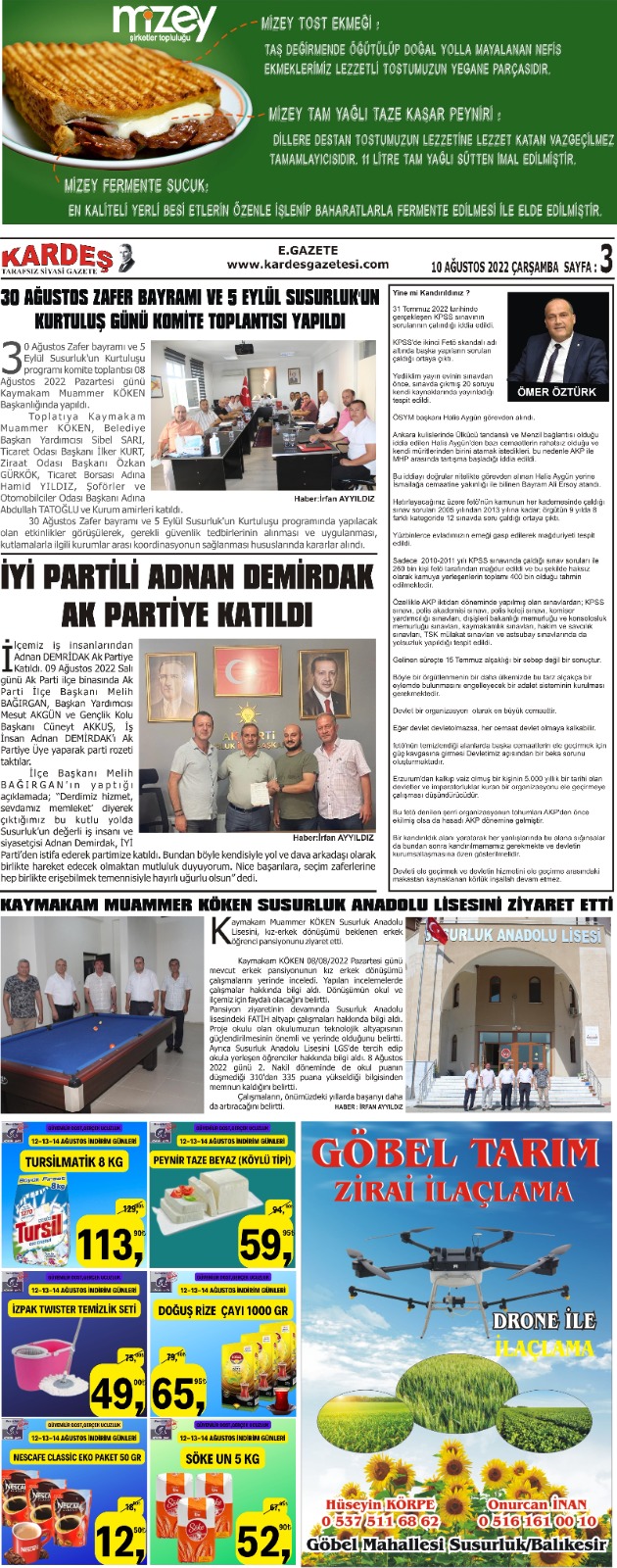 10.08.2022 Tarihli Kardeş Gazetesi Sayfa 3