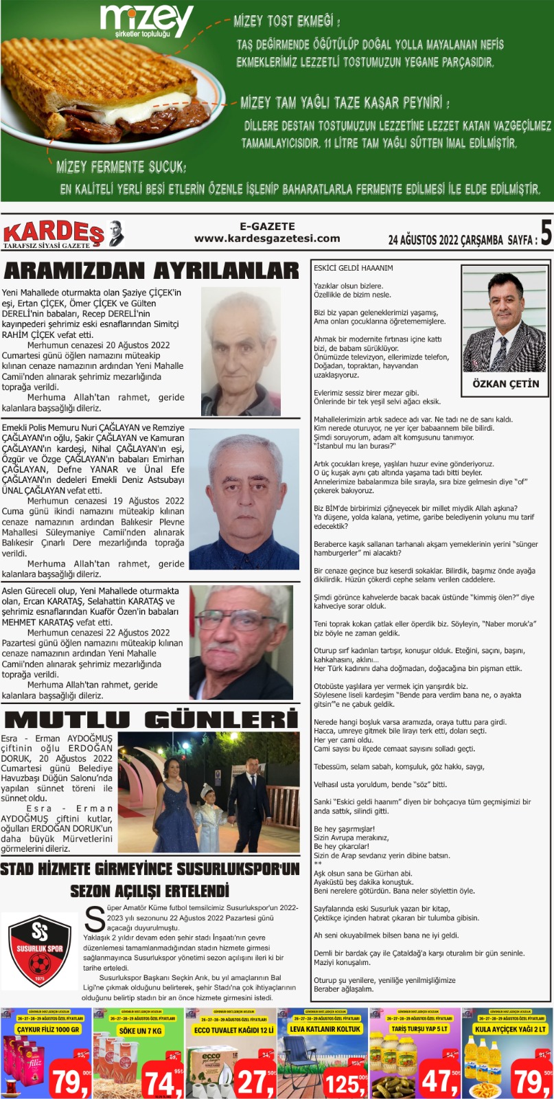24.08.2022 Tarihli Kardeş Gazetesi Sayfa 5