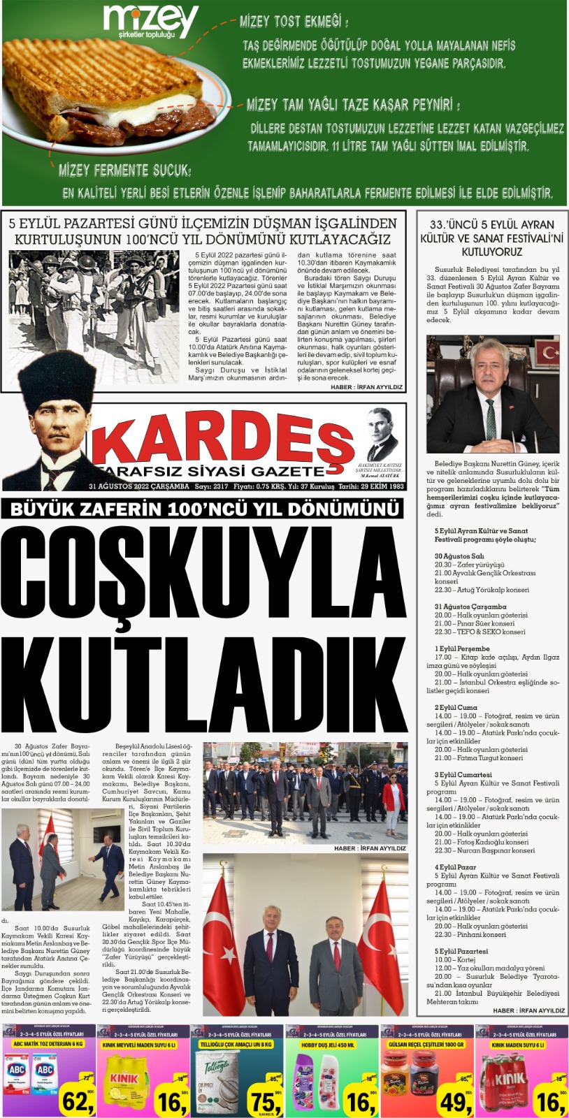 31.08.2022 Tarihli Kardeş Gazetesi Sayfa 1