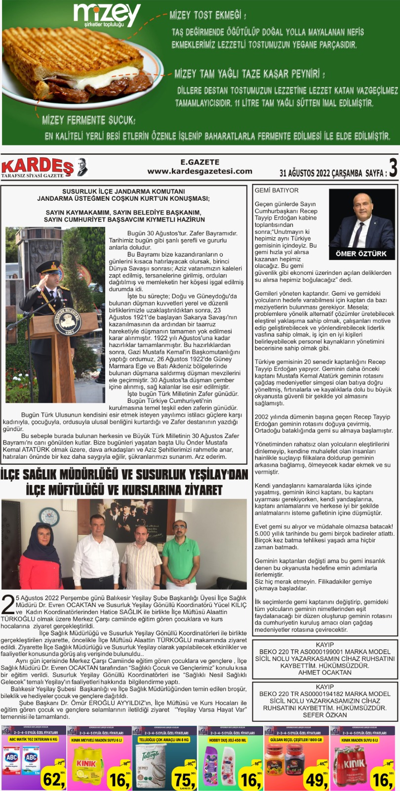 31.08.2022 Tarihli Kardeş Gazetesi Sayfa 3