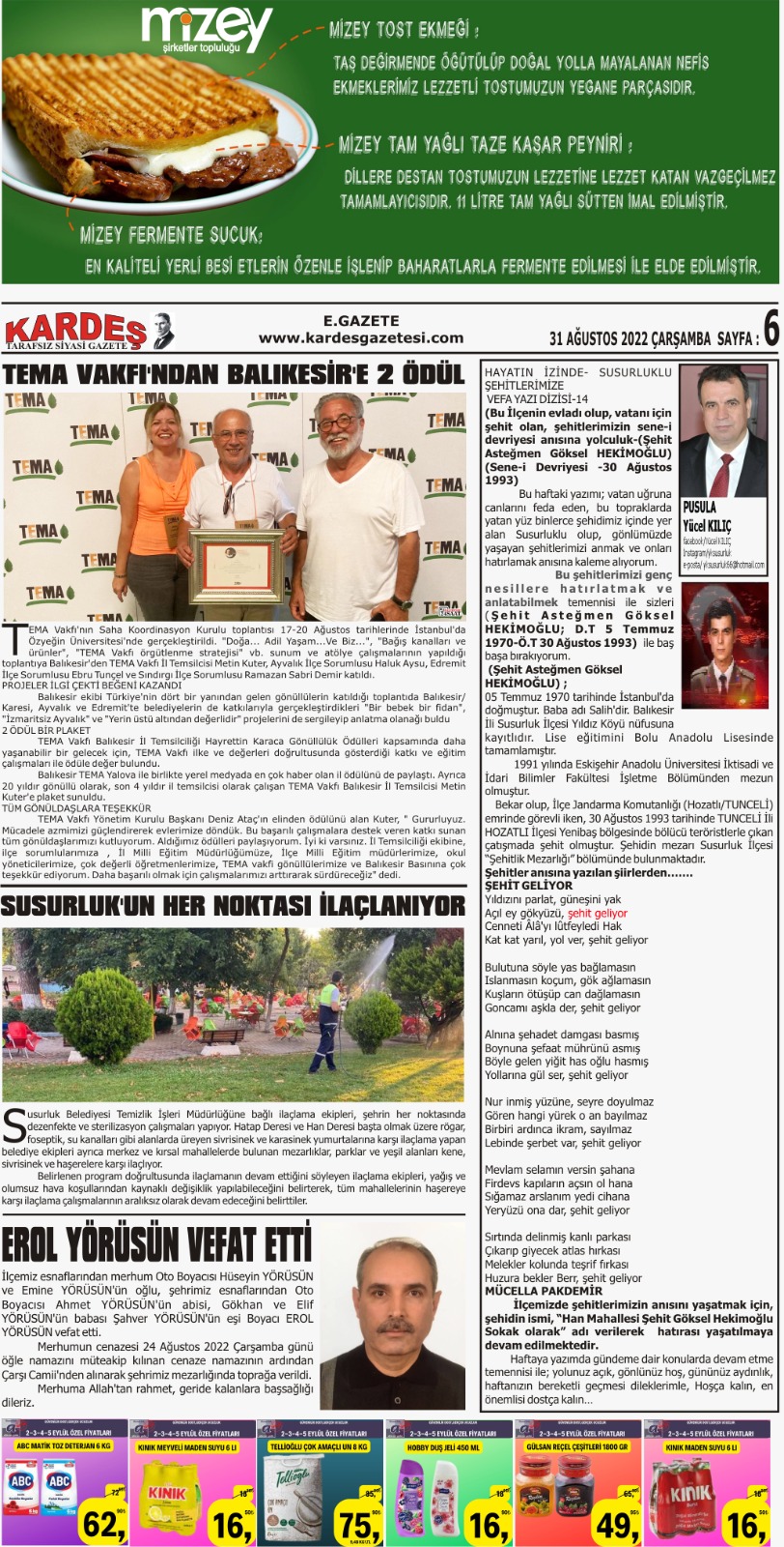 31.08.2022 Tarihli Kardeş Gazetesi Sayfa 6