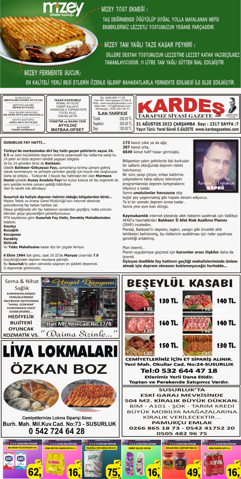 31.08.2022 Tarihli Kardeş Gazetesi Sayfa 7