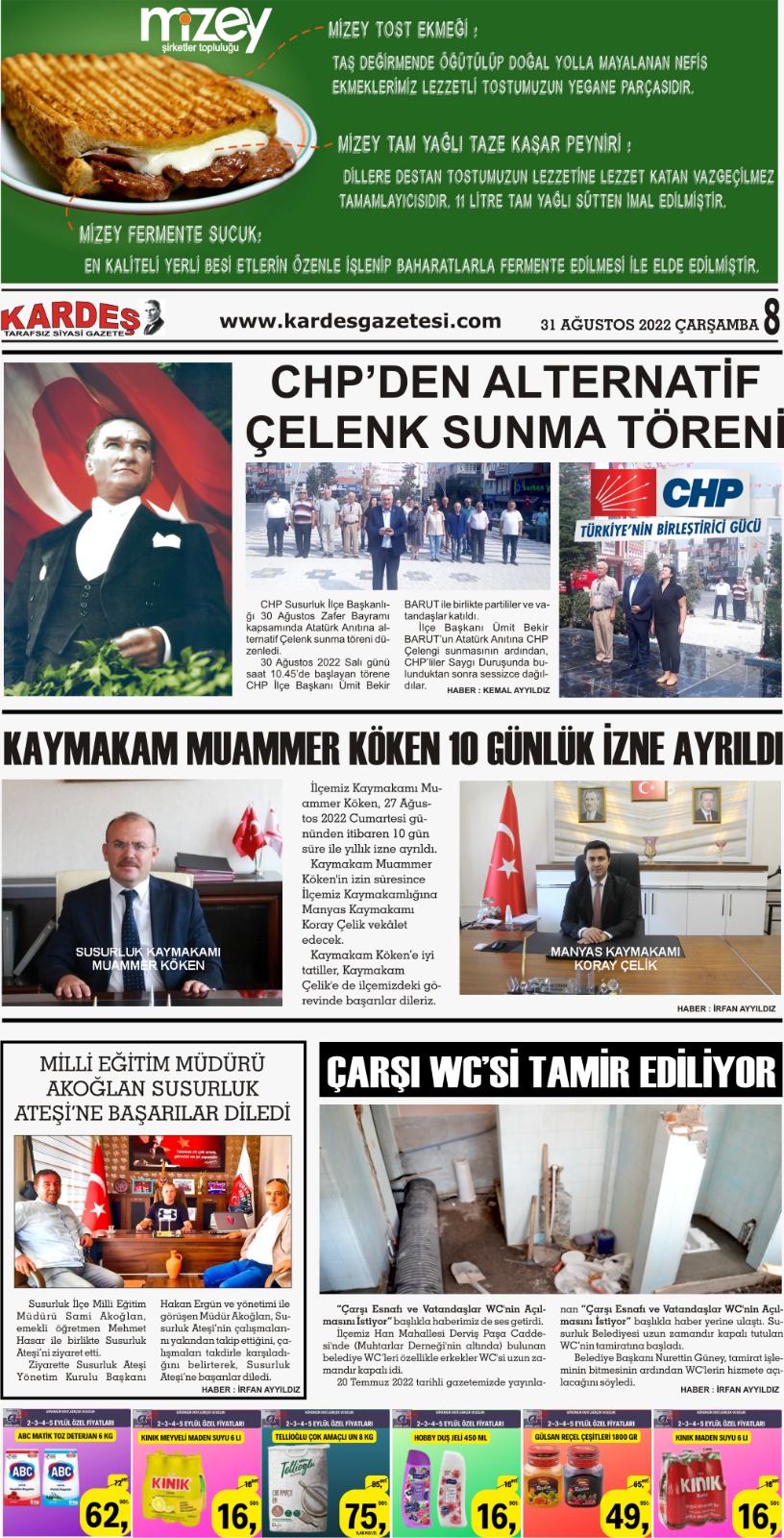 31.08.2022 Tarihli Kardeş Gazetesi Sayfa 8