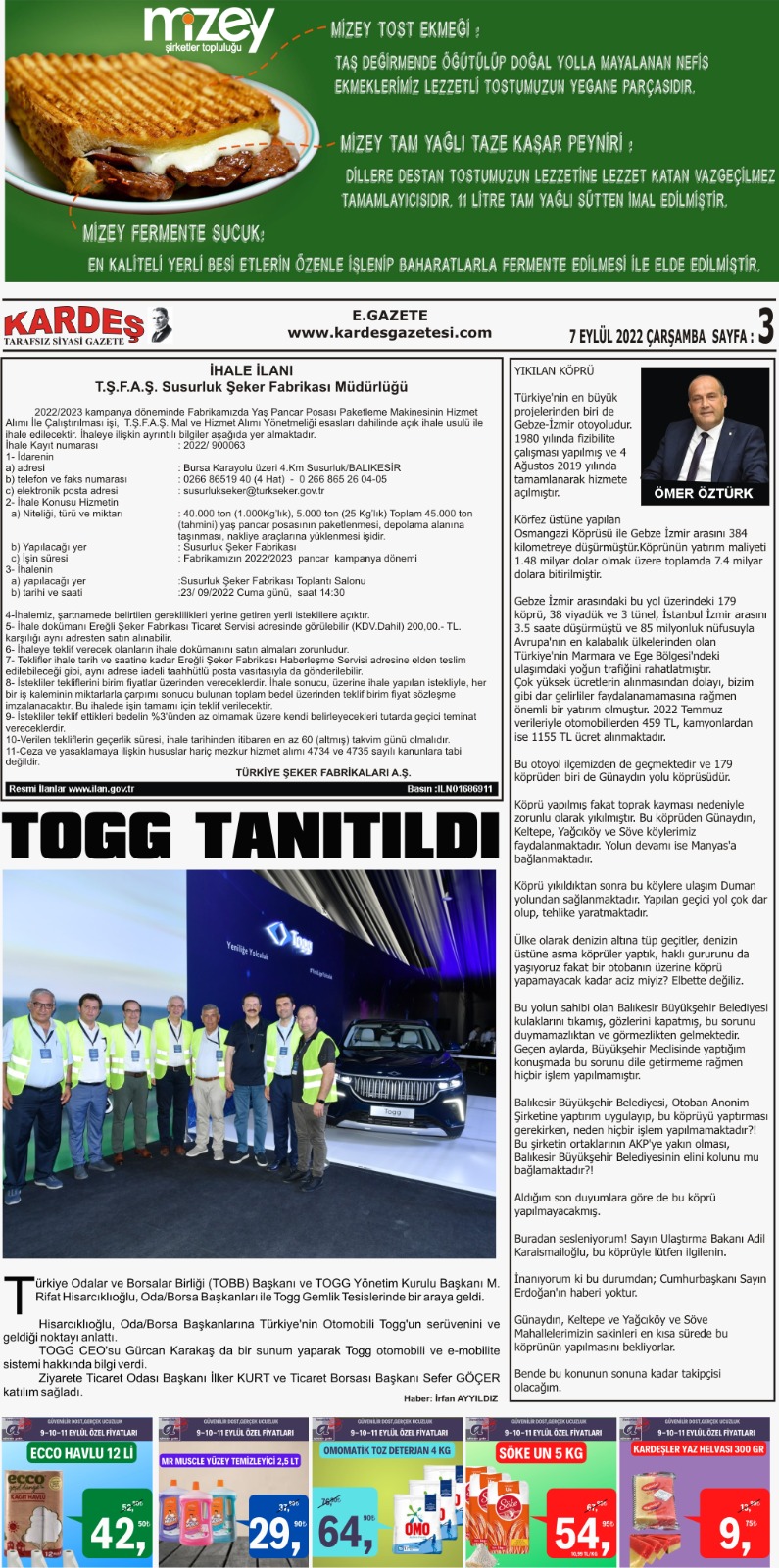7.09.2022 Tarihli Kardeş Gazetesi Sayfa 3