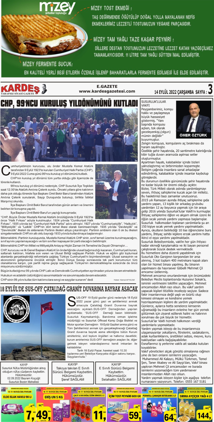 14.09.2022 Tarihli Kardeş Gazetesi Sayfa 3