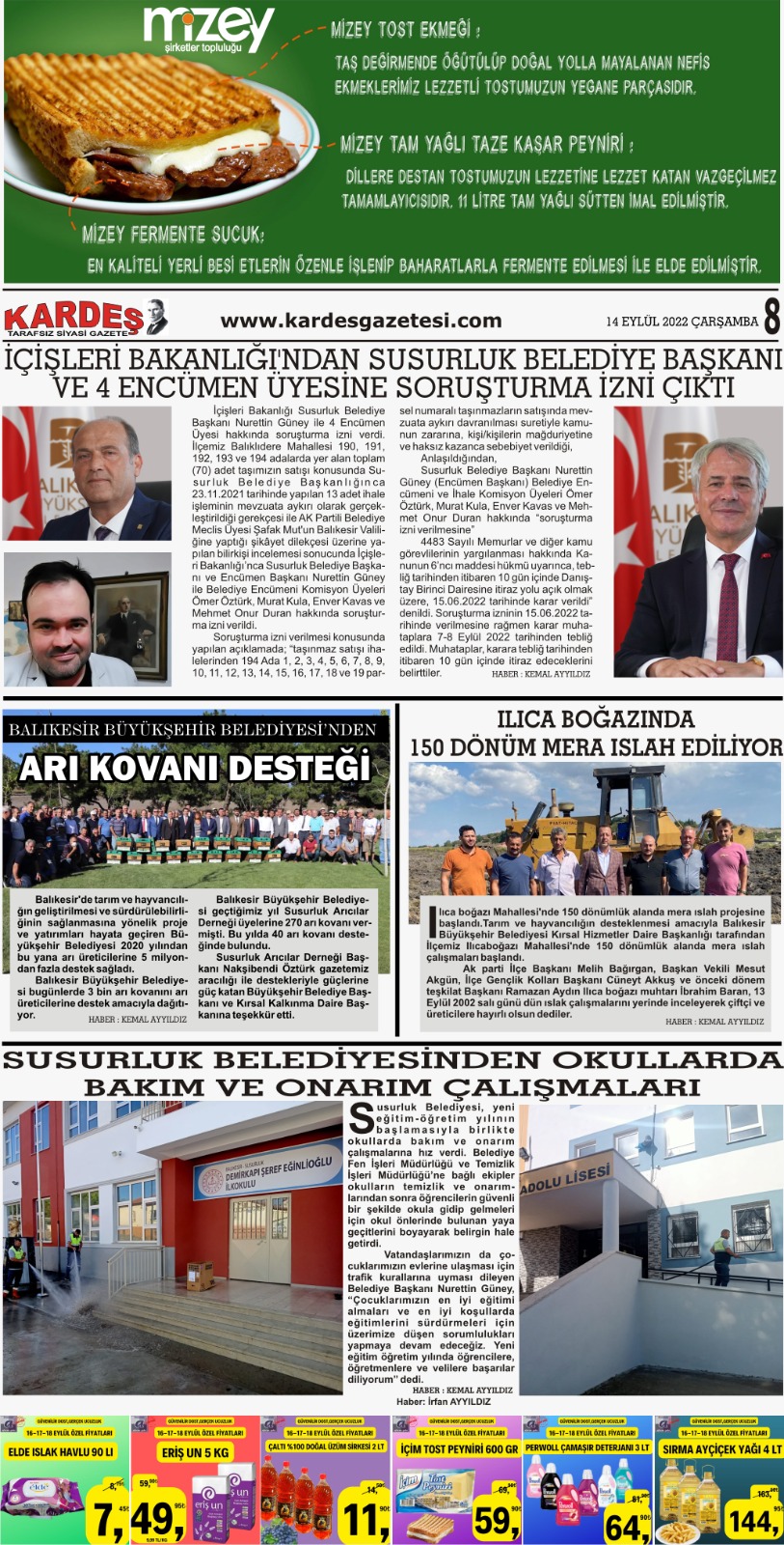 14.09.2022 Tarihli Kardeş Gazetesi Sayfa 8