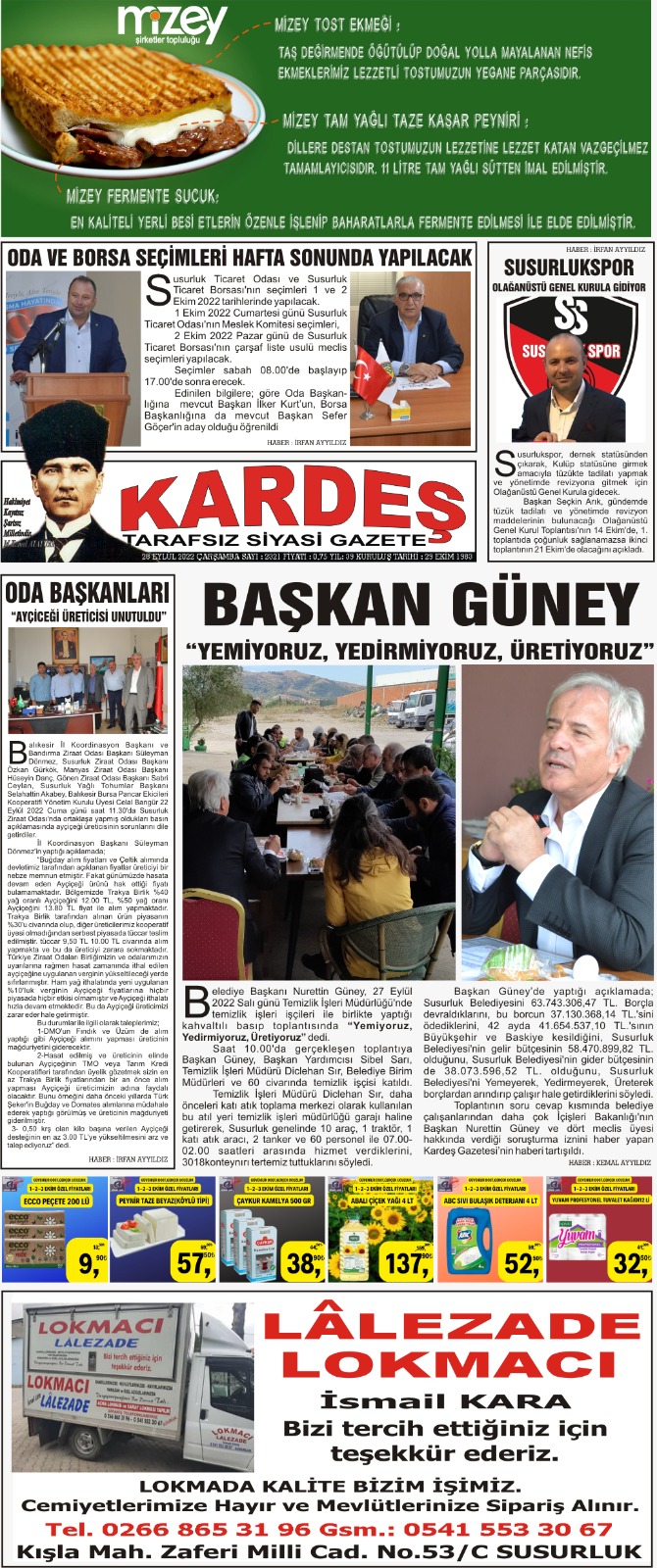 28.09.2022 Tarihli Kardeş Gazetesi