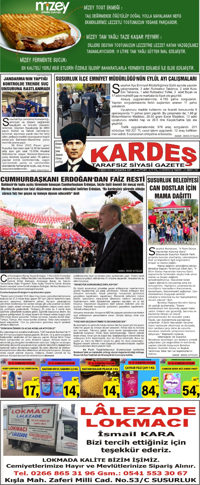 12.10.2022 Tarihli Kardeş Gazetesi