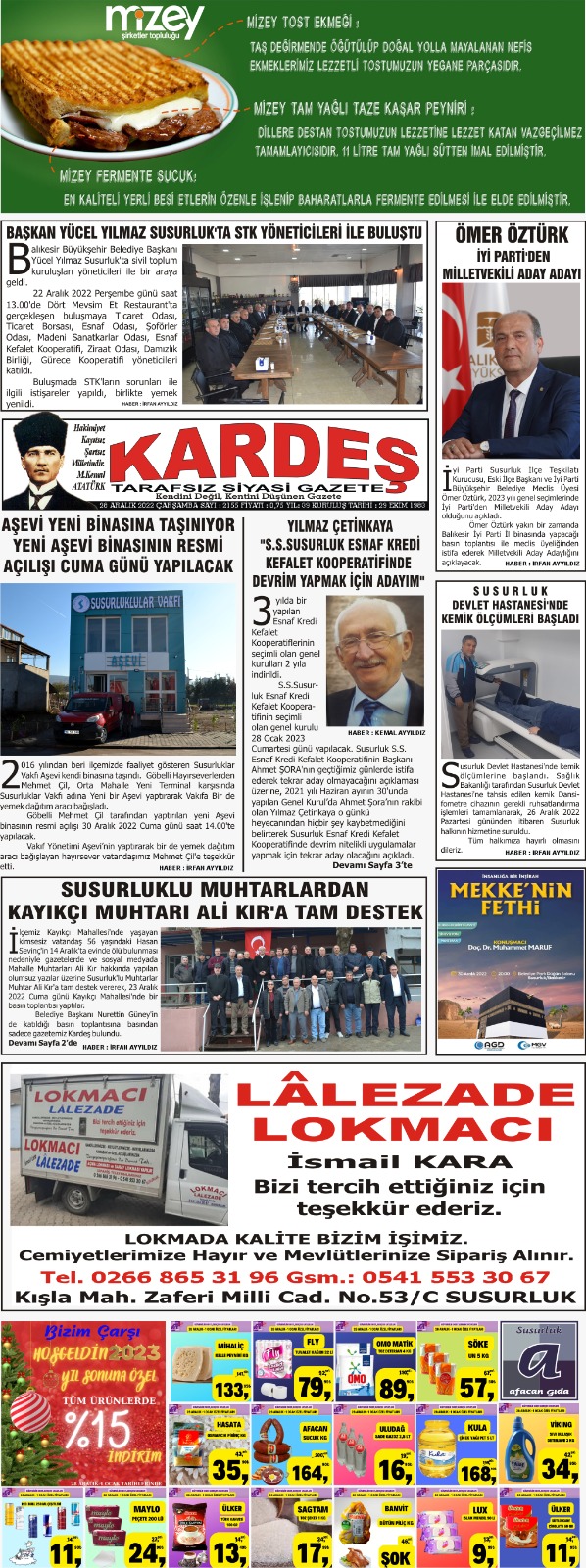 28.12.2022 Tarihli Kardeş Gazetesi
